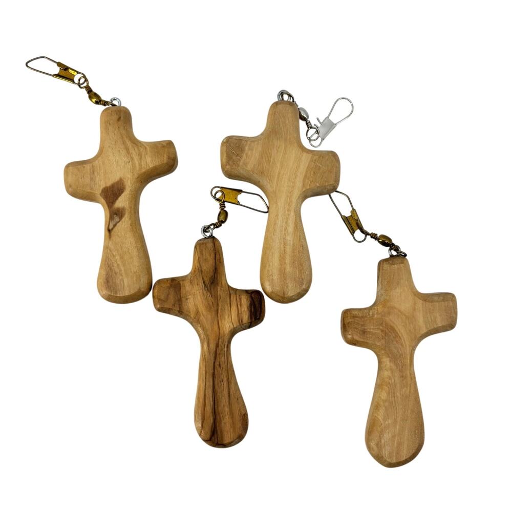 Large Hand Carved 4 Comfort Crosses with Fish Hooks Natural Olive Wood